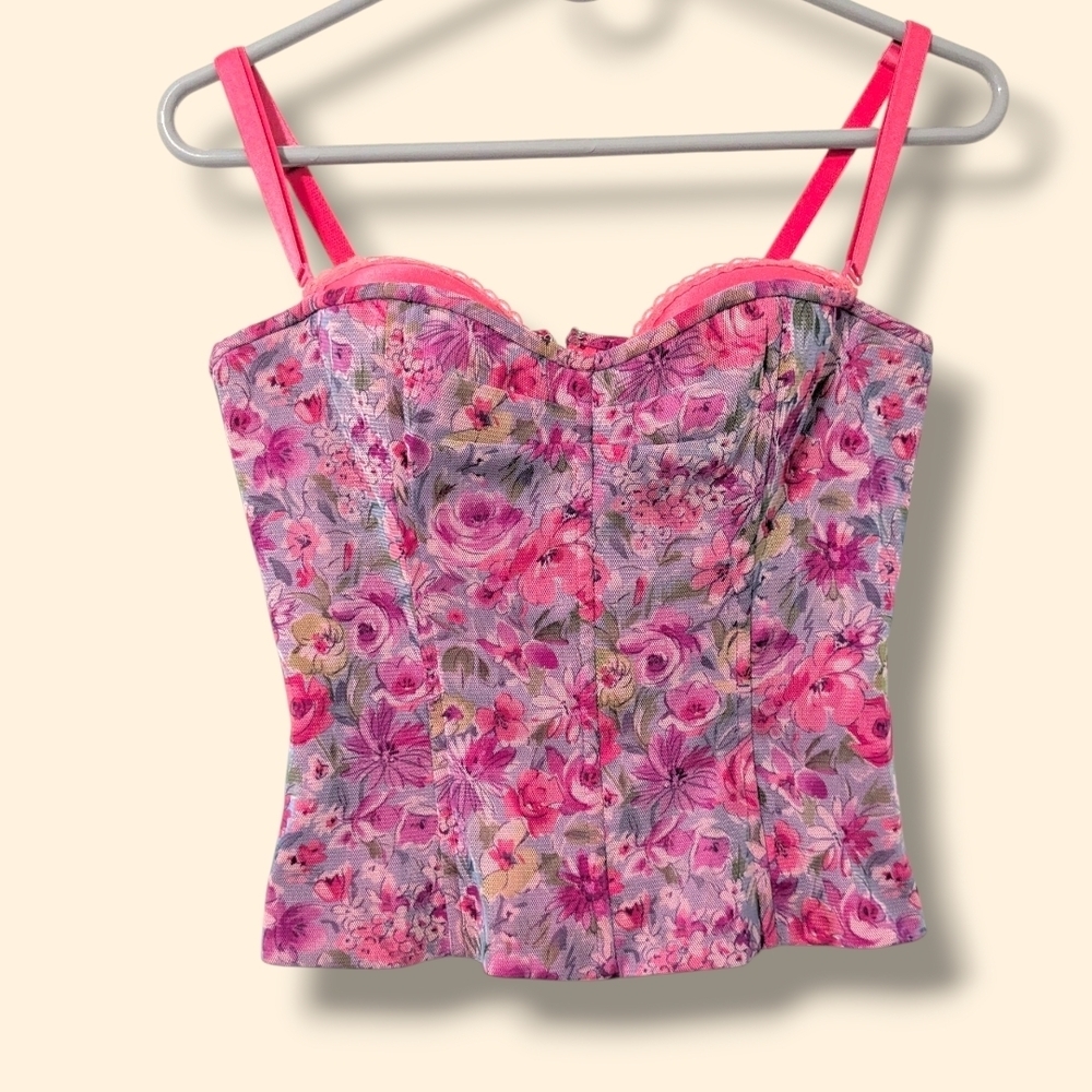 Victoria's Secret Vintage Y2K Pink Purple Floral Mesh Corset Bustier Top M